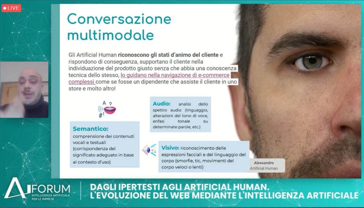 AI_x_IA's tweet photo. #AIForum #23Novembre
Siamo nell’era #browserless, dove non si naviga più, ma si chiedono ai #dispositivi delle informazioni, che essi recuperano dalla rete per trasmettercele. Gli #ArtificialHuman trasformano l'#interazione in #relazione.
📢#ErnestoDiIorio @QuestIT_Siena https://t.co/KT6pkDQVow