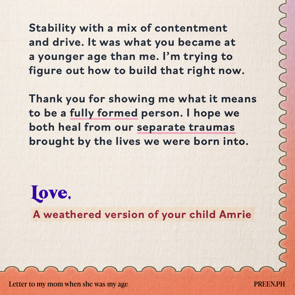 preenph's tweet photo. For #PreenPastPresent, content creator Amrie Cruz pens a letter to their mom when she was their age. “She gave birth to me when she was 23. Now that I’m 24, I wonder if I’m as strong as she is,” said Amrie.

Art by Pammy Orlina
#teampreen https://t.co/0i7XUDanzP