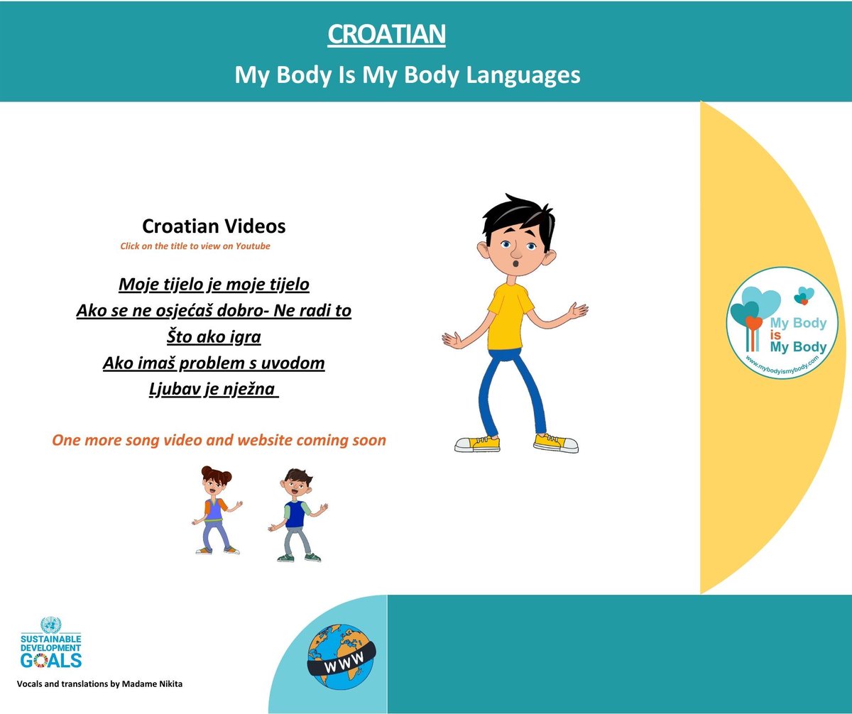 MBIMB1's tweet photo. My Body is My Body #LANGUAGES
Find our #Croatian songs, on our website at
https://t.co/IpD9Z6BVQV
With thanks to @Madam Nikita for the wonderful vocals
#worldwide
#SDG16
#Mybodyismybody
#cyberbullying
#stayingsafe
#bodysafety
#parenting
#safeguardingchildren
#childabusepreven https://t.co/UYCl9zGTPI