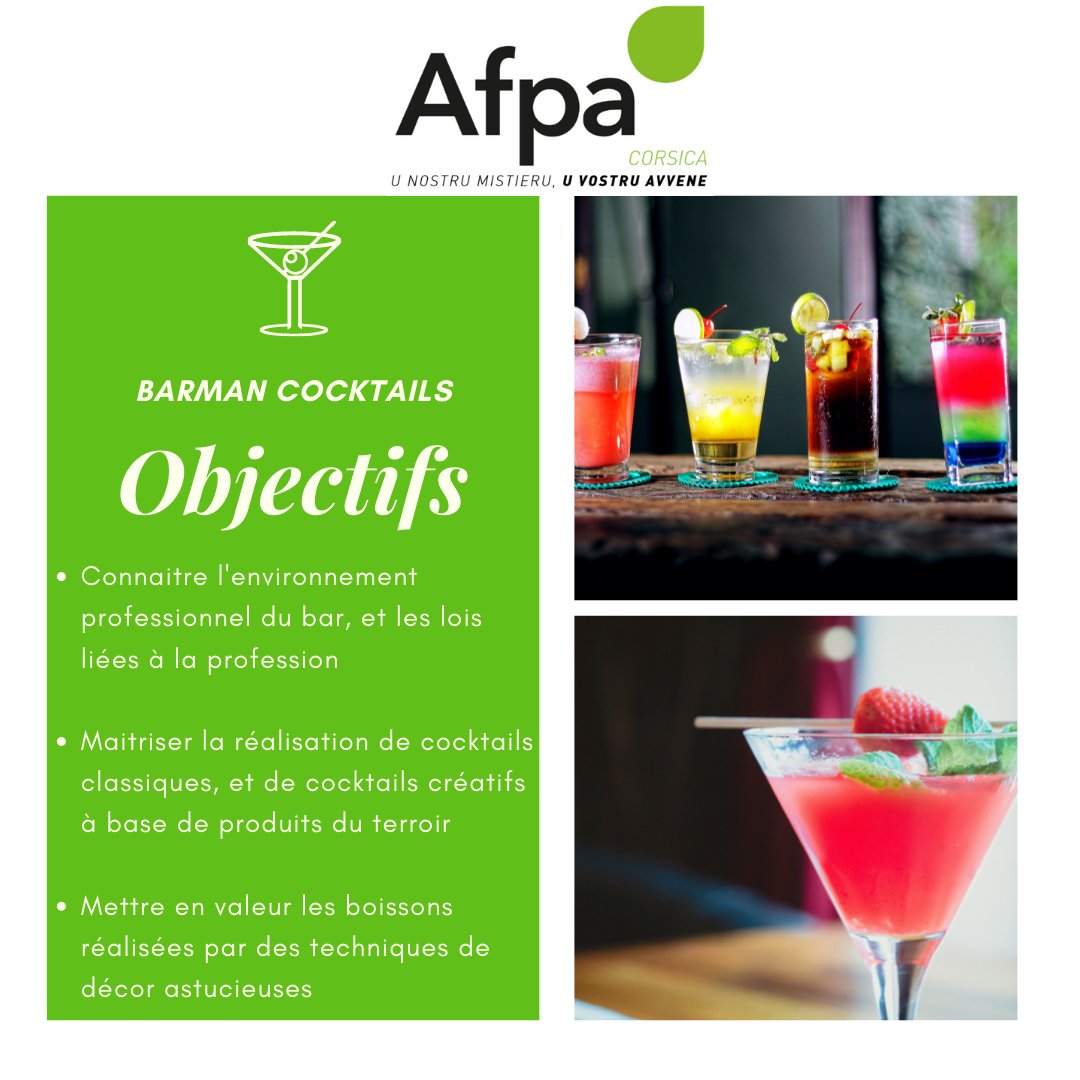 AFPA_CORSE's tweet photo. 📣L'AFPA Corsica vous propose la formation de deux jours de #Barman #Cockails
📍A Borgo, Porto-Vecchio, et Corte
Pour acquérir un maximum de connaissances en un minimum de temps 😎
#créations #cocktails #mix #saveurs #couleurs #bar #lois #créativité #originalité #décor https://t.co/gqShic2PwY