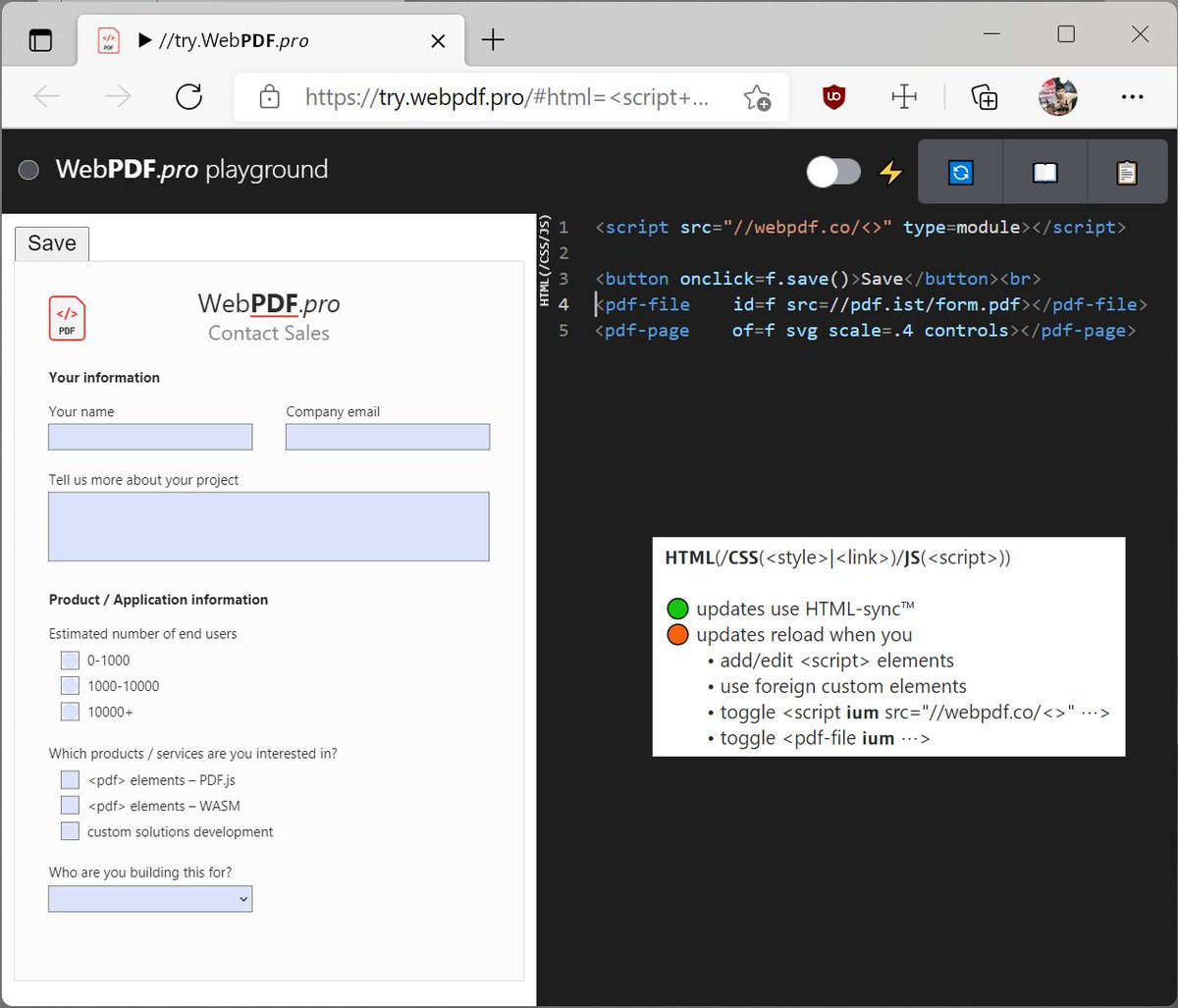WebPDFpro's tweet image. Our new playground is opening 🎆!

webpdf.pro ← [▶️ Try live ]

✅ Monaco editor (from #vscode)
✅ combined HTML/CSS/JS panel
✅ edits mostly sync without reloads
☑️ view custom element events (🚧)
☑️ docs and code completion (🚧)

updates:
⚫ none
🟢 sync™️
🟠 load