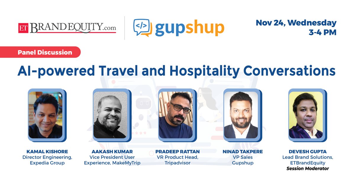 ETBrandEquity's tweet photo. #LiveRoundtable
Join travel industry stalwarts to get key insights on leveraging #chatbots to power your business!
Tune in live #tomorrow at 3:00 PM!
To join the discussion live, register here: https://t.co/OK6KptpT4k
#conversationalai #chatbots #travelindustry https://t.co/dWNH1vUaUE