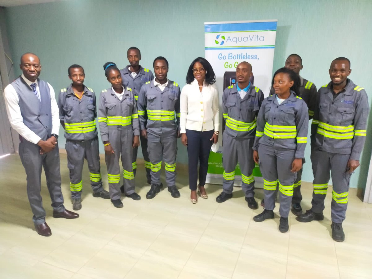AquavitaLimited's tweet photo. Aquavita's CEO @Nakalanzi and COO  @OdhunoBarack with the technicians, celebrating the integral role they play in the organization. The technicians are trained under the  WQA’s strict guidelines and are stationed in different points across the country. #Team #GoBottleless https://t.co/veLhS6HZjN