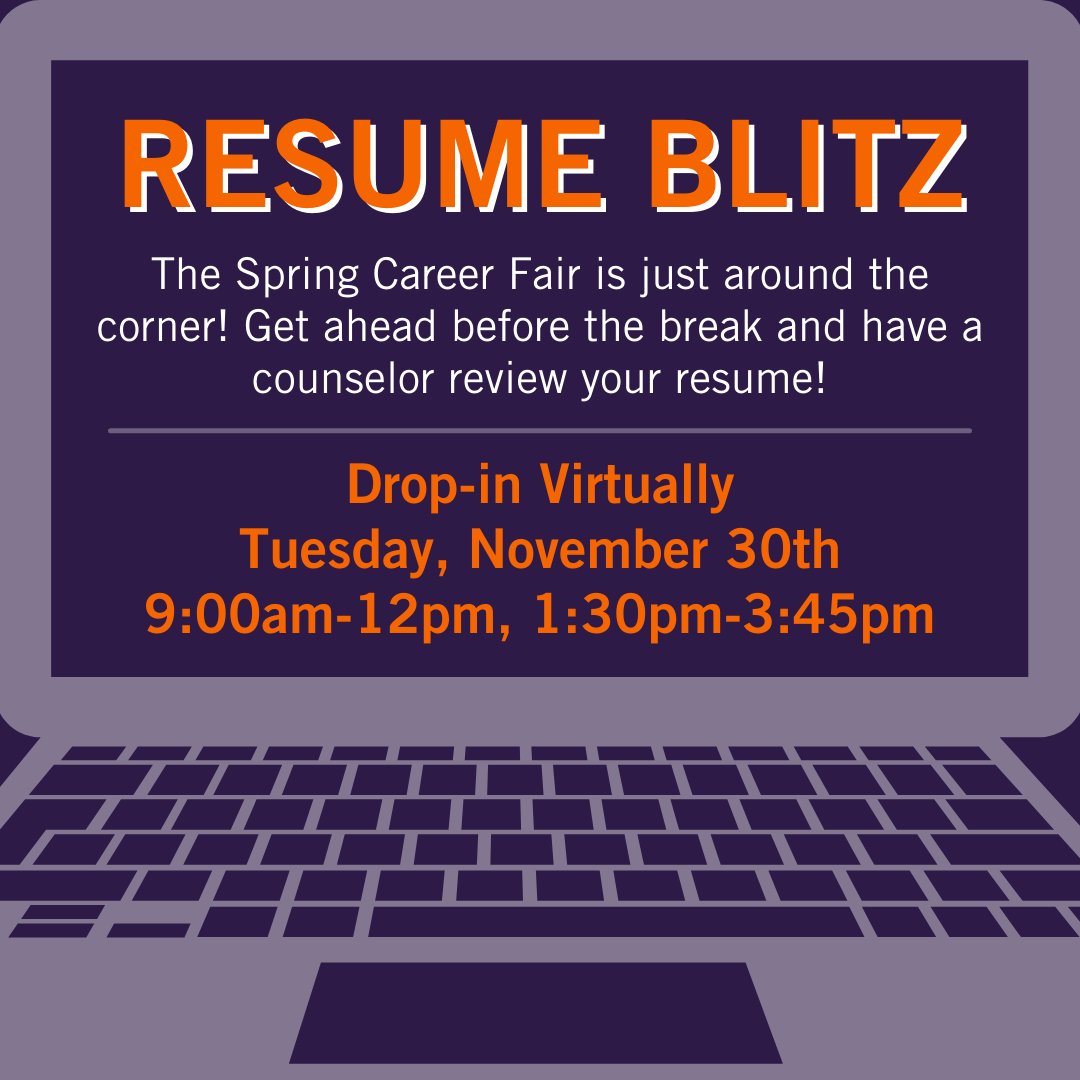 The Spring Career Fair is just around the corner! Get ahead before the break and have a counselor review your resume!

Tuesday, November 30th drop-in virtually between 9am-12pm or 1:30-3:45 to get advice! 

RSVP here: career.sites.clemson.edu/calendar/event… or at the link in our bio!