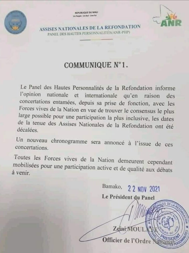 Madbarry2's tweet photo. La date des #Assises #Nationales de la #Refondation du Mali a été décalée pour une date ultérieure afin, encore de permettre à chacun d'y seconder et donner son avis...
Le #Mali c'est un peuple-un but-une foi ✊ https://t.co/q99rni7Bio