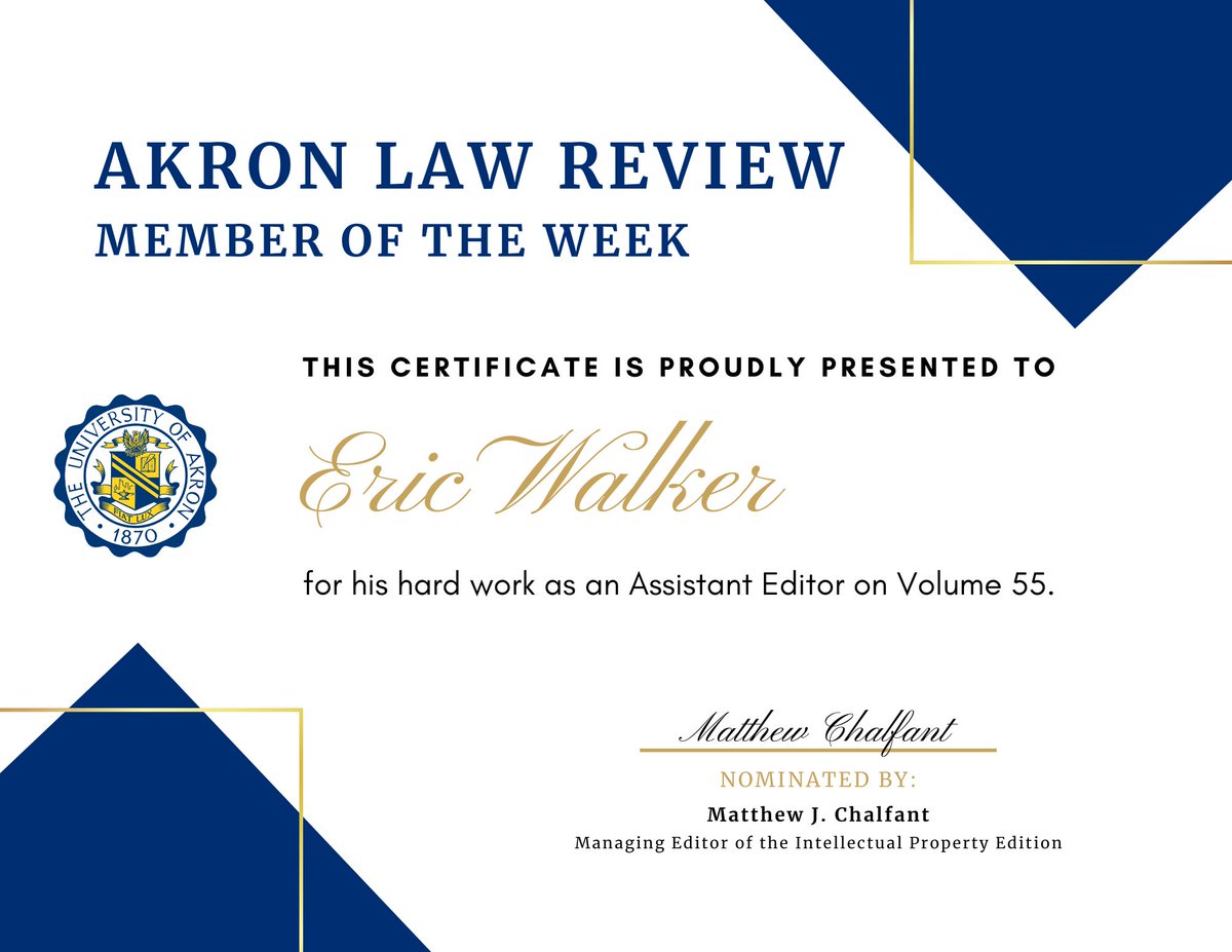 AkronLawReview's tweet photo. Congratulations to Eric Walker, our Member of the Week! Excellent work, Eric. https://t.co/h5u5nEC57o