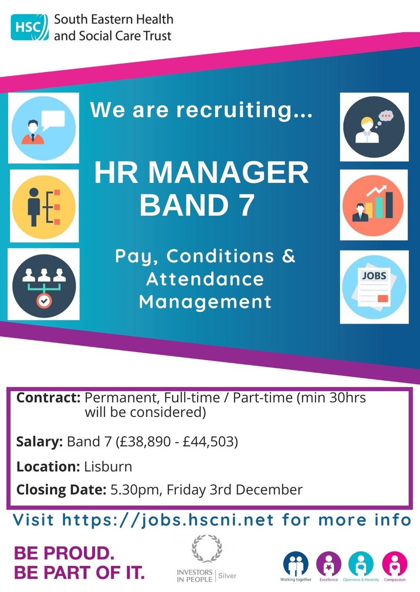 HPMA_NI's tweet photo. South Eastern Health &amp; Social Care Trust are recruiting for an exciting new HR role !  Apply now by 3/12/21. Based Lisburn. Full-time or minimum 30 hours per week. https://t.co/fsRvcJvPBv