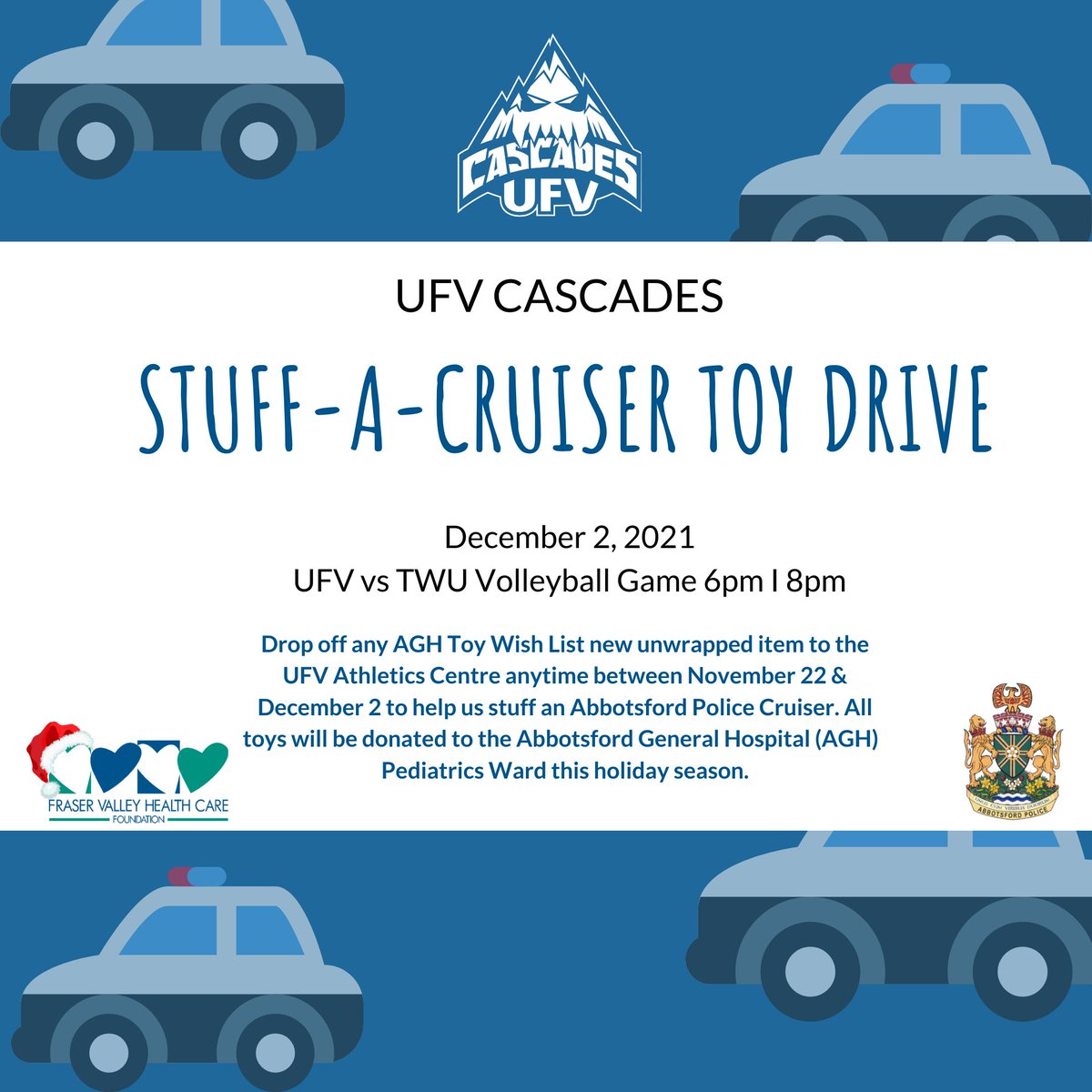AbbyPoliceDept's tweet photo. Mark your calendars !! AbbyPD Community Policing Section in partnership with UFV Cascades is holding a Stuff-A-Cruiser Toy Drive on December 2nd from 6-8 pm.  All toys will be donated to the Abbotsford General Hospital Pediatrics Ward this holiday season.  Come on by and say HI https://t.co/LrN8FCmzut