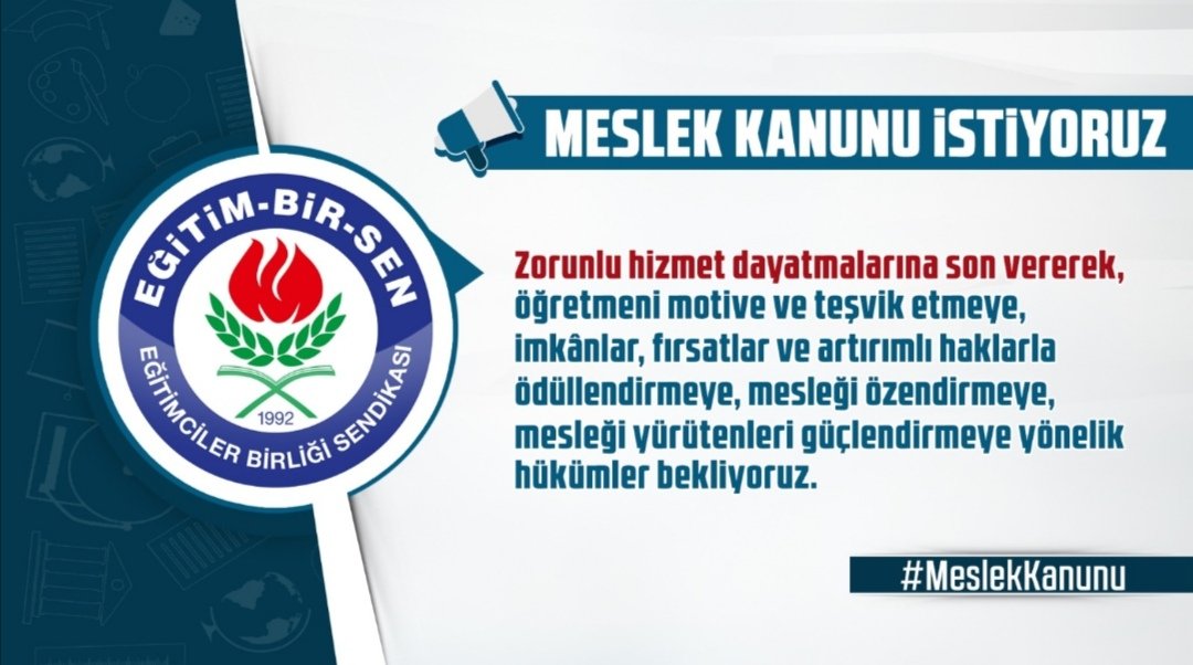 Zorunlu hizmet dayatmalarına son vererek, öğretmeni motive ve teşvik etmeye, imkânlar, fırsatlar ve artırımlı haklarla ödüllendirmeye, mesleği özendirmeye, mesleği yürütenleri güçlendirmeye yönelik hükümler bekliyoruz.

#MeslekKanunu