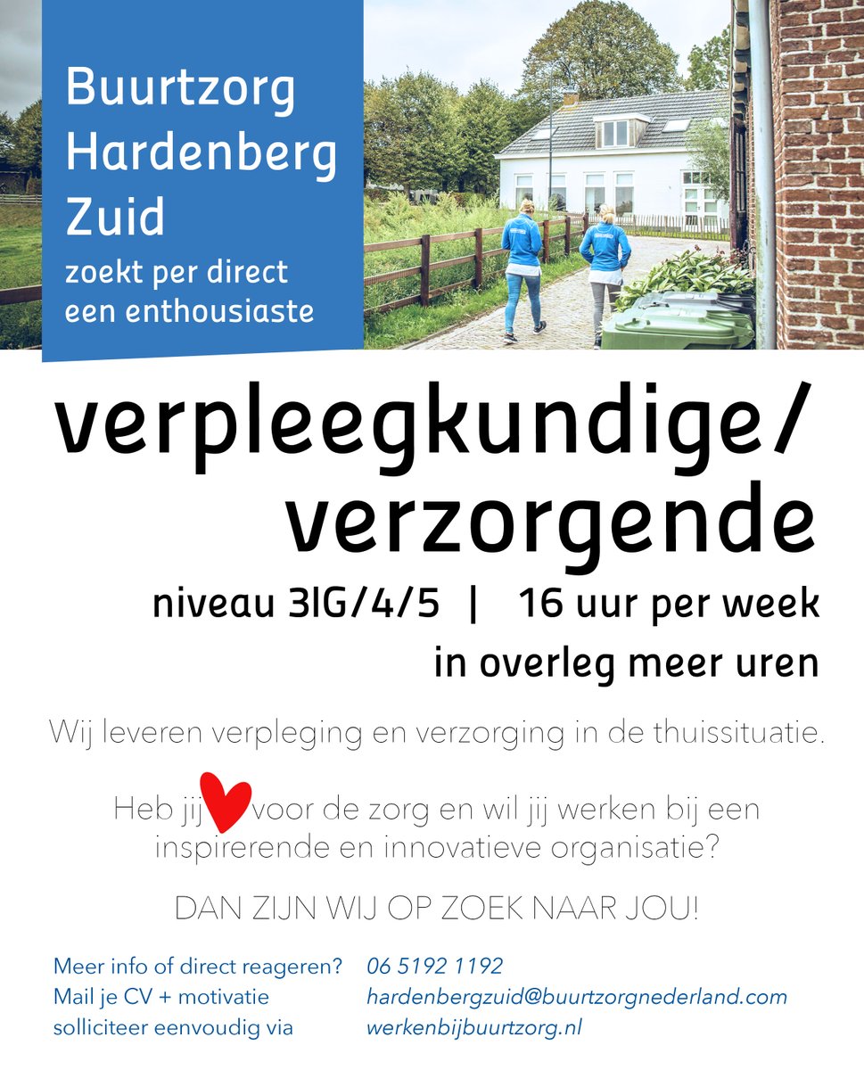 #Buurtzorg #Hardenberg Zuid is op zoek naar enthousiaste #16uurperweek #verzorgende #verpleegkundige Heb jij #hartvoordezorg? KOM WERKEN BIJ BUURTZORG! Solliciteer eenvoudig via werkenbijbuurtzorg.nl