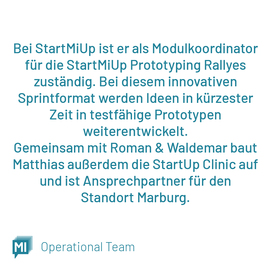 _StartMiUp's tweet photo. #Teamvorstellung 👋
In den nächsten Wochen stellen wir euch hier das StartMiUp Team vor.
Weiter geht die Vorstellungsrunde mit Matthias vom #MAFEX an @Uni_MR
#fcmh_startmiup #GrowWithMi #WorkWithMi #AdviseMi #mittelhessen
@_FCMH @jlugiessen #ecm | @THMittelhessen https://t.co/T0TyRCLAWL