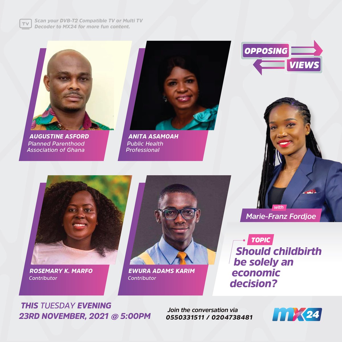 mx24gh's tweet photo. Join @the_mfz on #Opposingviews tonight as she and her guests look at Childbirth and whether it should be an economic decision? 

Tune in at 5pm to MX24 TV or watch the live streaming on our Facebook page @mx24gh. 

#mx24gh #funfearlessfactual #childbirth #Economy https://t.co/Qfsk2Z5e5T