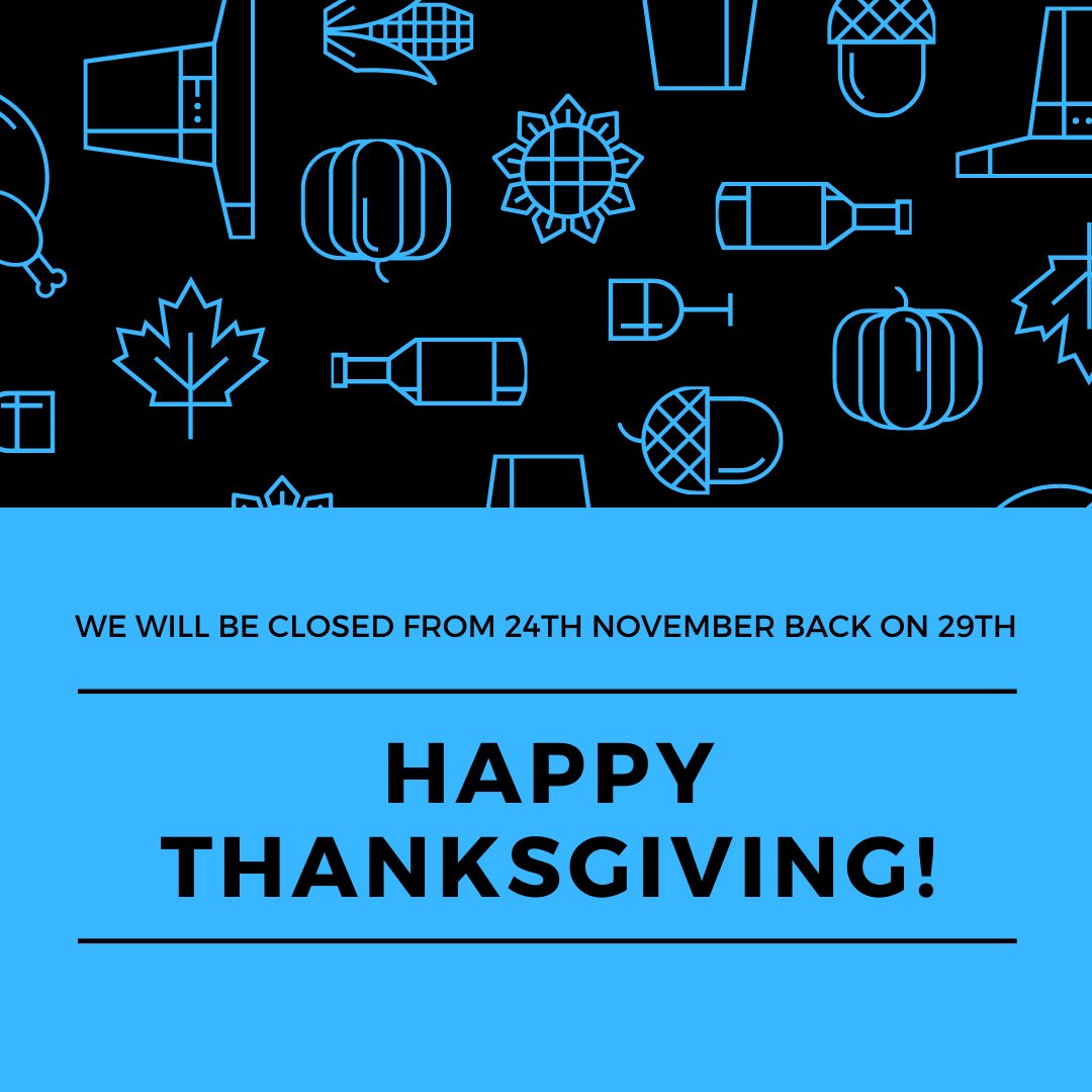 We're closing from 24th November for #Thanksgiving and we'll be back in the office on Monday 29th.

We will be answering the phones during this period if you have any urgent requirements!

Enjoy Thanksgiving with family and friends

#gaffers #cinematographers #clt #filmcrew