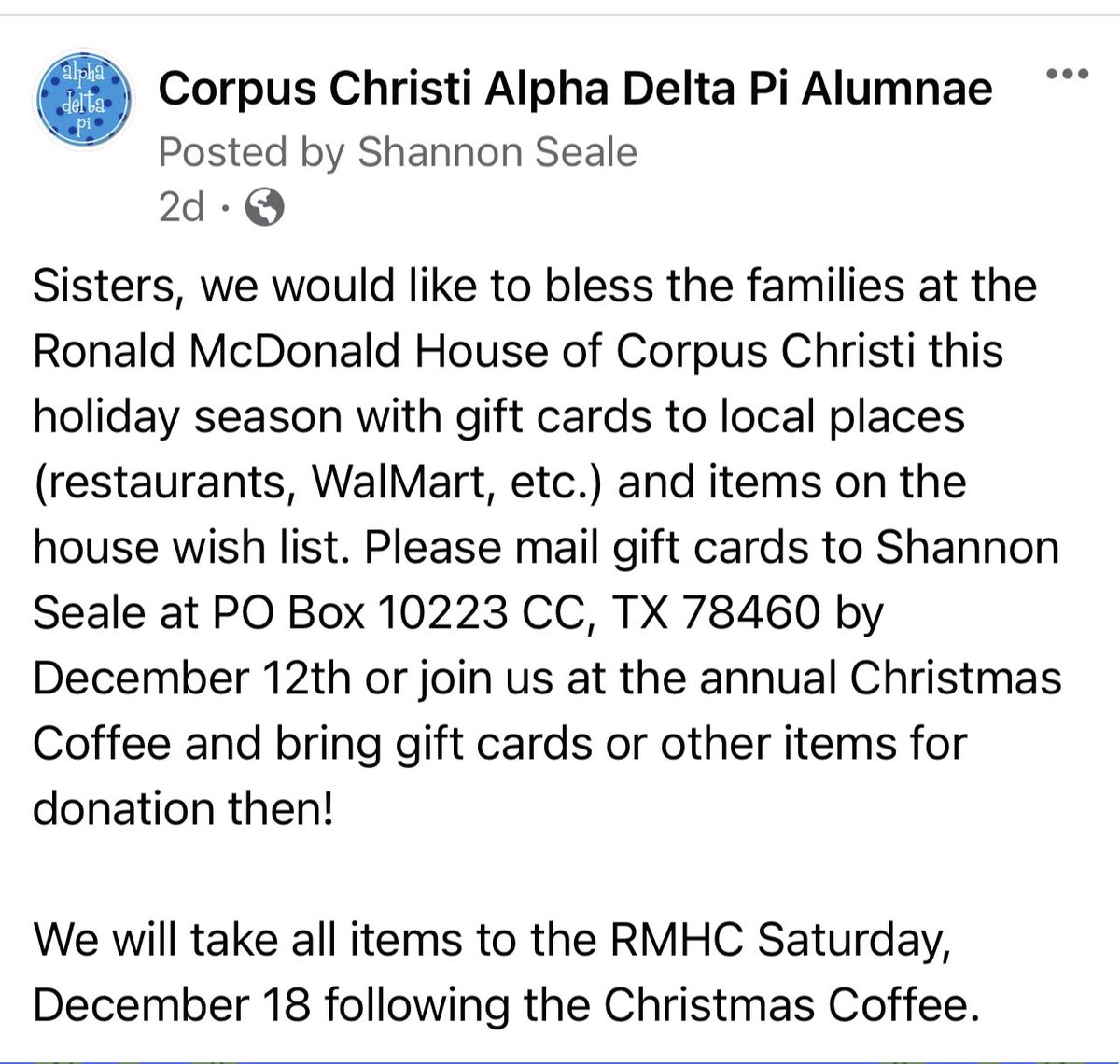 CCADPialum's tweet photo. Help us make the holiday season merry and bright for the families at the RMHC of Corpus Christi. Contact us for more information. https://t.co/sq4FfxPKny