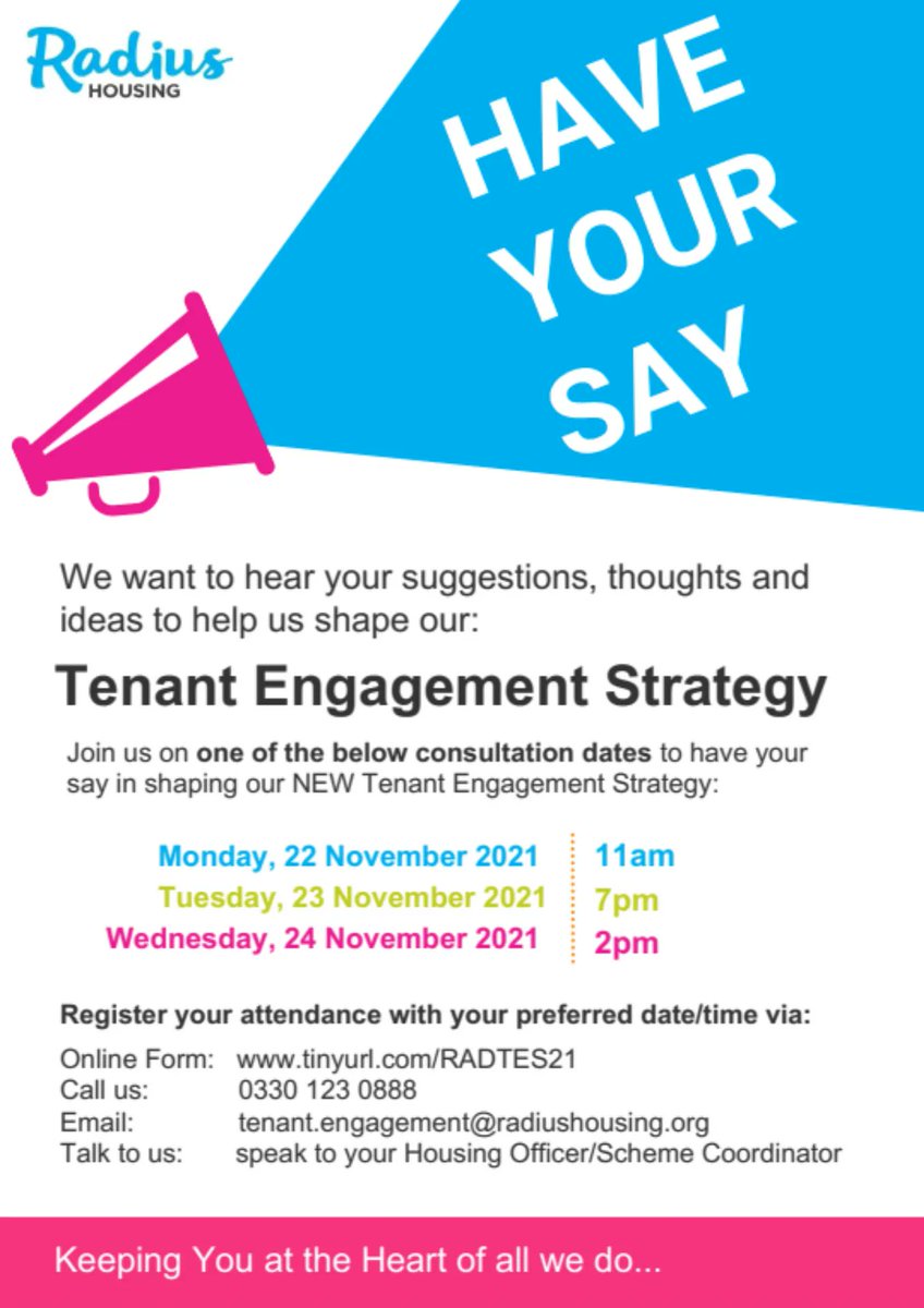 Calling all tenants!

Have your say in shaping our NEW Tenant Engagement Strategy - there is still time to register!

If you would like to join in our consultations sign up here: buff.ly/3CoSQvk 

#WeAreRadius