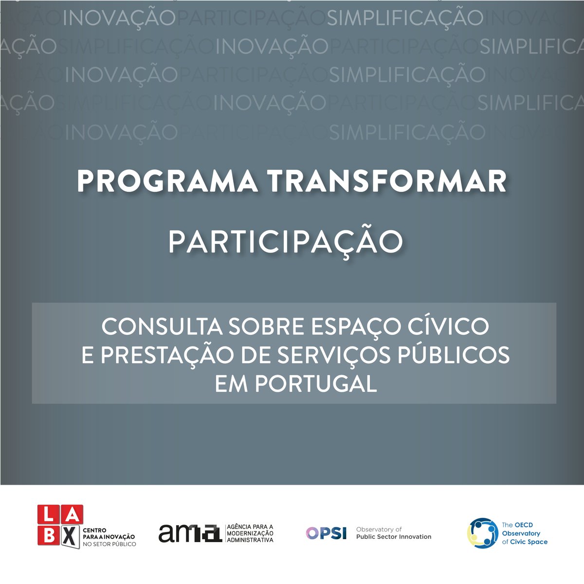 LabX_govpt's tweet photo. #PROGRAMATRANSFORMAR | #Participação
Como parte do projeto Civic Space Scan Portugal, lançado a 22 de outubro, o @OPSIgov/ @OECD realiza uma consulta pública sobre a utilização do espaço cívico para reforçar os serviços públicos em Portugal.
Participe: https://t.co/P5COmdWbiT https://t.co/oWSyCH3CeR
