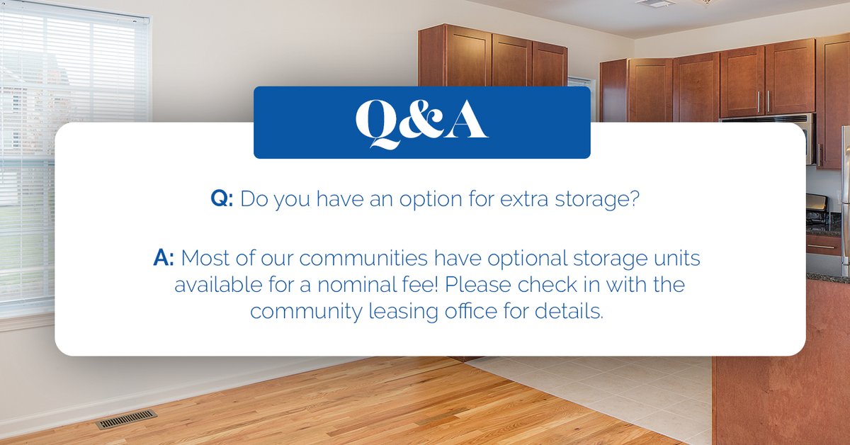 Q: Do you have an option for extra storage? 

A: Most of our communities have optional storage units available for a nominal fee! Please check in with the community leasing office for details. 

#premierdevelopment #premierhomes #somersetcountynj #luxuryapartment