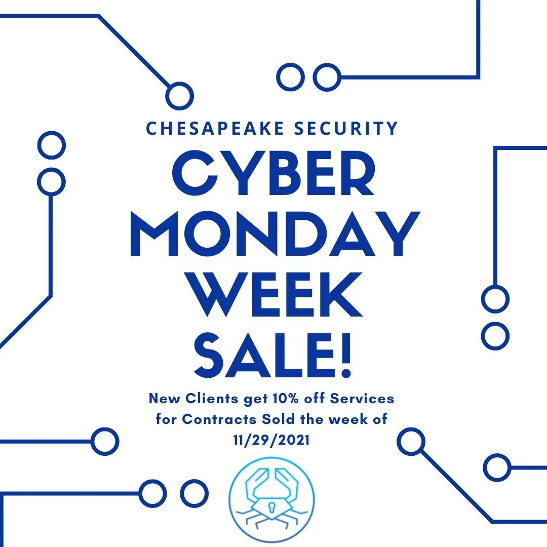 We are celebrating Cyber Monday by offering 10% off services sold to new clients next week! If you are interested in learning more connect with us at inquiry@chesapeakesec.com! 

#anewkindofcybermonday #infosec #it #cybersecurity #pentesting #offensivesecurity #ethicalhacking