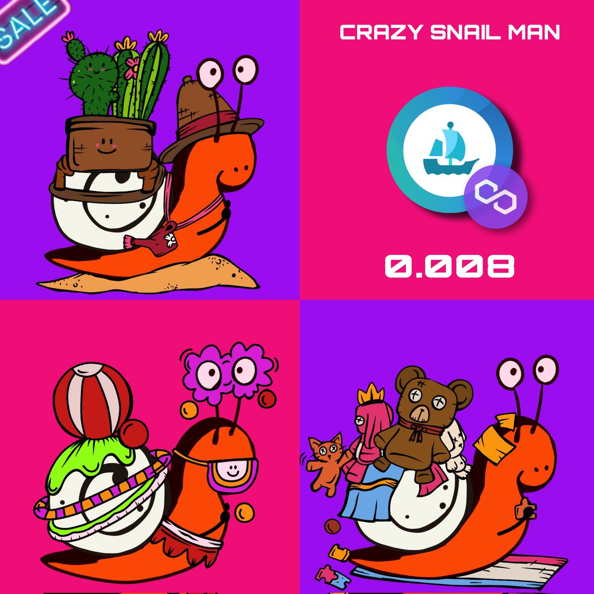 ~Crazy snail man~🐌  (polygon)
New Drop!!🎨
Price : 0.008✨
Click link :opensea.io/collection/cra…
Available on Opensea.
น้องหอยทากเดินทางมาถึง100ตัวเเย้วว!
#NFTs 
#nftcollector  
#NFTTHAILAND 
#OpenSeaNFT 
#polygonNFT
#OpenSeaNTF
#nftart