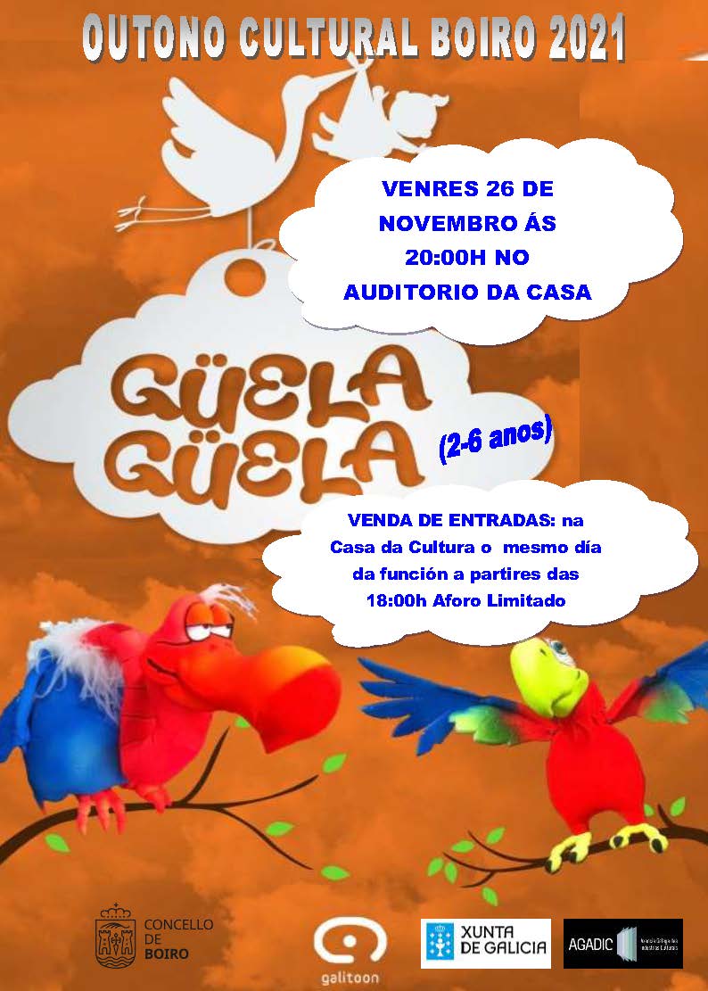 🎭 Este venres ás 20.00 horas na Casa da Cultura “Güela-Güela”, unha representación teatral de Galitoon para público infantil.
📌 Compra de entradas no mesmo día da función a partir das 18.00 horas. 
#Boiro #ConcelloDeBoiro
