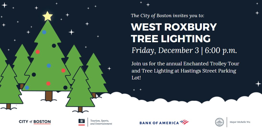 Please join us for the Mayor's Trolley Tour and Tree Lighting next Friday, December 3rd starting at 6:00pm at the Hastings Street parking lot! Pictures with Santa will be available after the tree is lit! #WestRoxbury