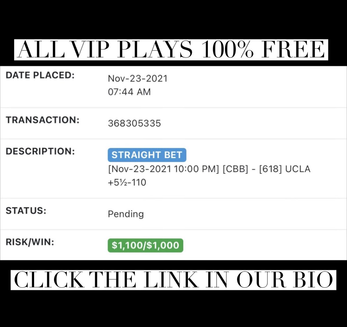 handicappingmar's tweet photo. 🚨 VIP PLAY UCLA +5 1/2💰 

Click for ALL VIP Plays FREE! ⬇️

https://t.co/xoCu1rbDcJ

You will receive ALL VIP Plays everyday FREE!

VIP PLAYS 60% CAREER!

#GamblingTwitter #sportsbettor #sportsbetting https://t.co/HxVuxQYoEq