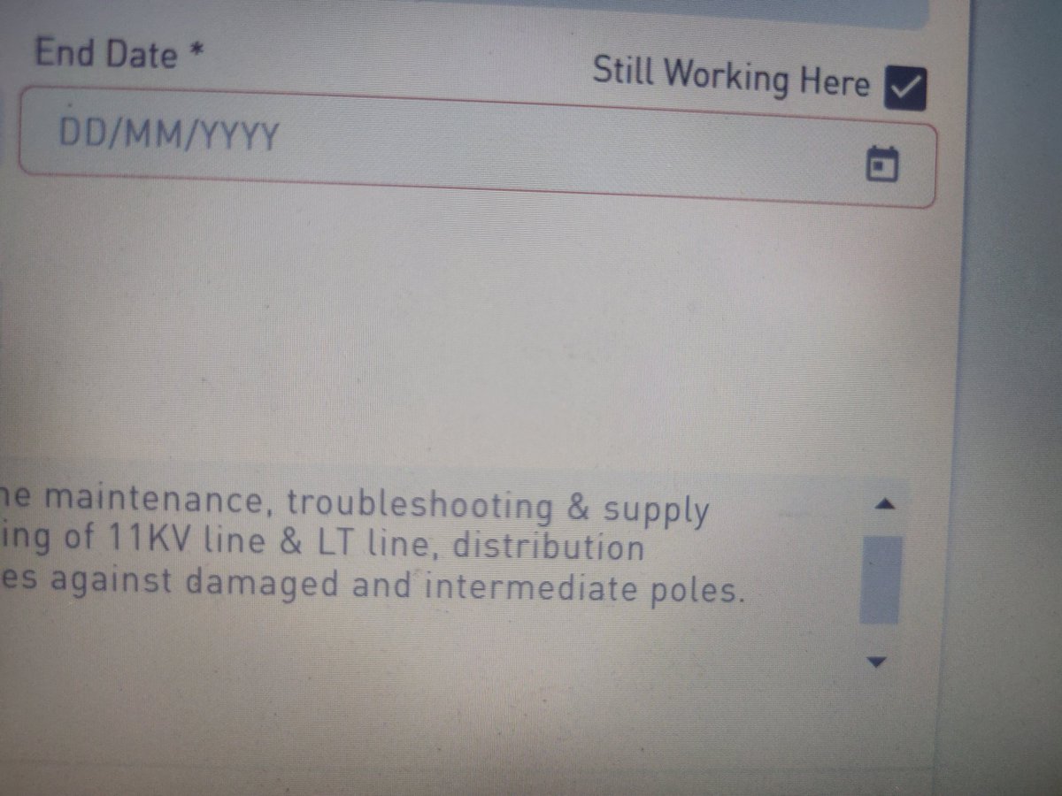 SidKesharee's tweet photo. I have marked the tick STILL WORKING HERE, but when I am submitting it still approaching for the End date and the profile is not completing.
Please, provide the ways to do it. 
@TataPower https://t.co/Dy6fbd2xY1