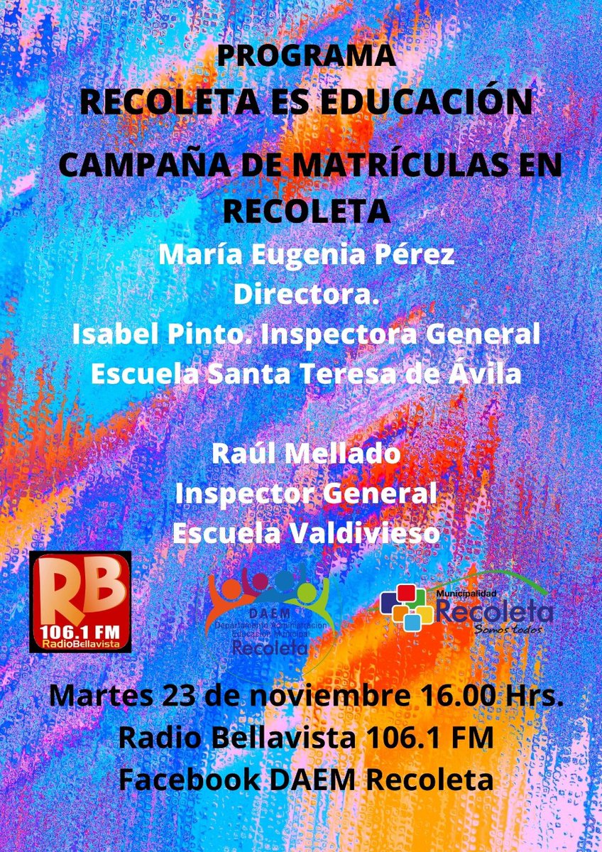 DaemRecoleta's tweet photo. DAEM #Recoleta
Hoy en nuestro programa radial   online:
CAMPAÑA DE MATRÍCULA EN RECOLETA. https://t.co/zfAJfe1aWr