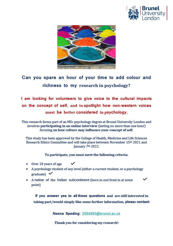 NeenaResearch's tweet photo. Calling Undergraduate, Master’s or PhD Psychology graduates (past or present) from #Indian Subcontinent. 
Can you and/or someone in your network contribute to  #research aimed at creating a more #diverse and #inclusive narrative in #psychology and the concept of self?  
#science https://t.co/VkCkYswoqV