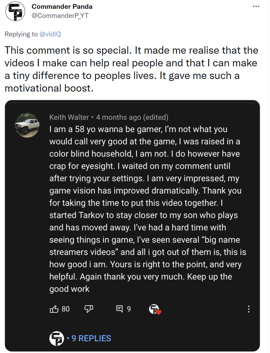 vidIQ's tweet photo. We often forget the lives we can change with our content π
Congrats to @CommanderP_YT for winning this week's #ChannelAudits contest π https://t.co/OrqOaAHXtl