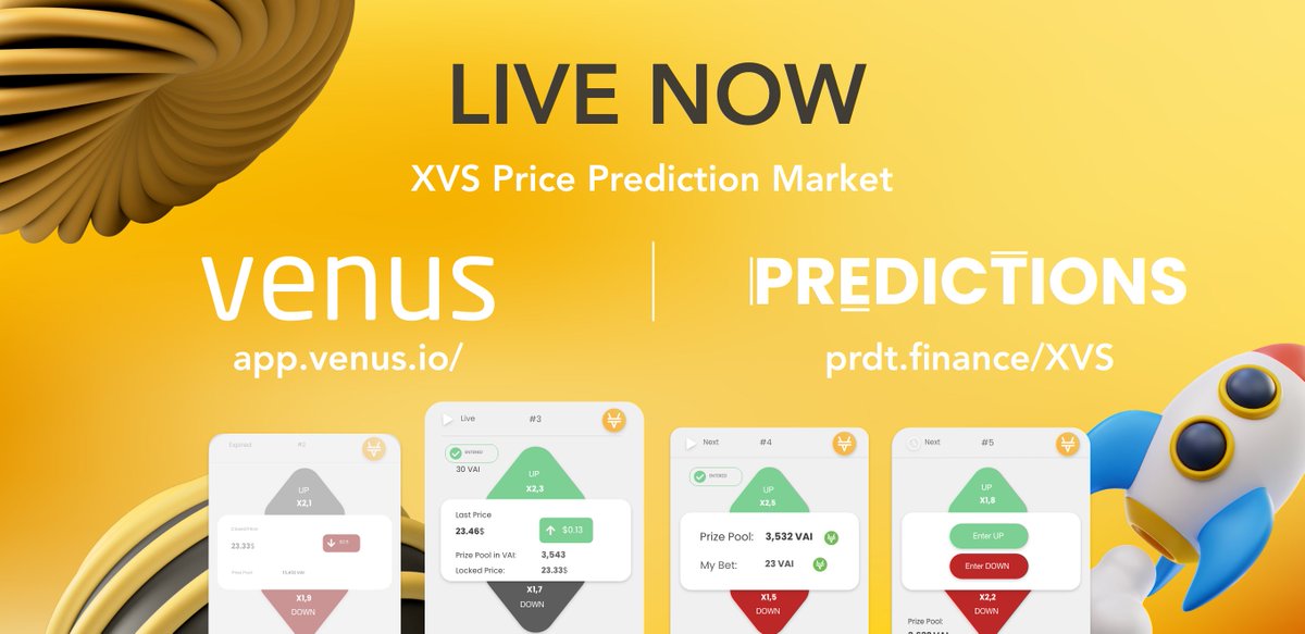 With our partners prdt.finance we are proud to announce the launch of a dedicated prediction market for XVS using VAI for betting.

With the 3% fee taken #VenusProtocol will do weekly Burns.

Test your prediction skills today!