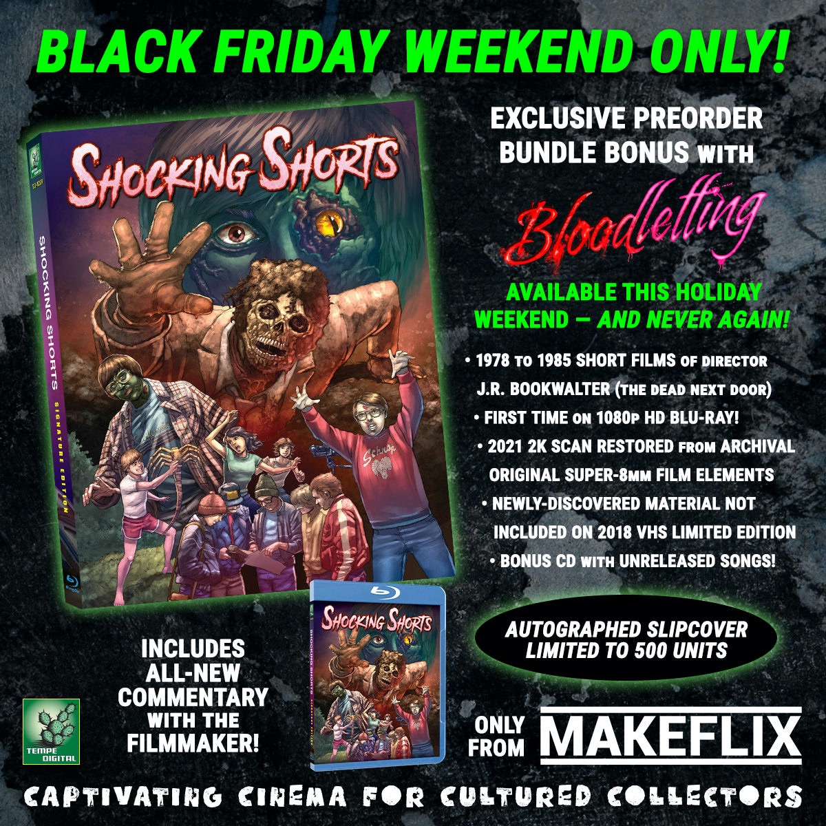 TempeVideo's tweet photo. Recapping our #BlackFriday2021 #BluRay releases! #Bloodletting and #ShockingShorts will be available as a preorder bundle from @makeflix this weekend only! Includes 3 bonus CDs & autographed slipcovers limited to 500 units each. Don’t miss out!
#makeflix #tempedigital #horror https://t.co/QSmsi1QSuD