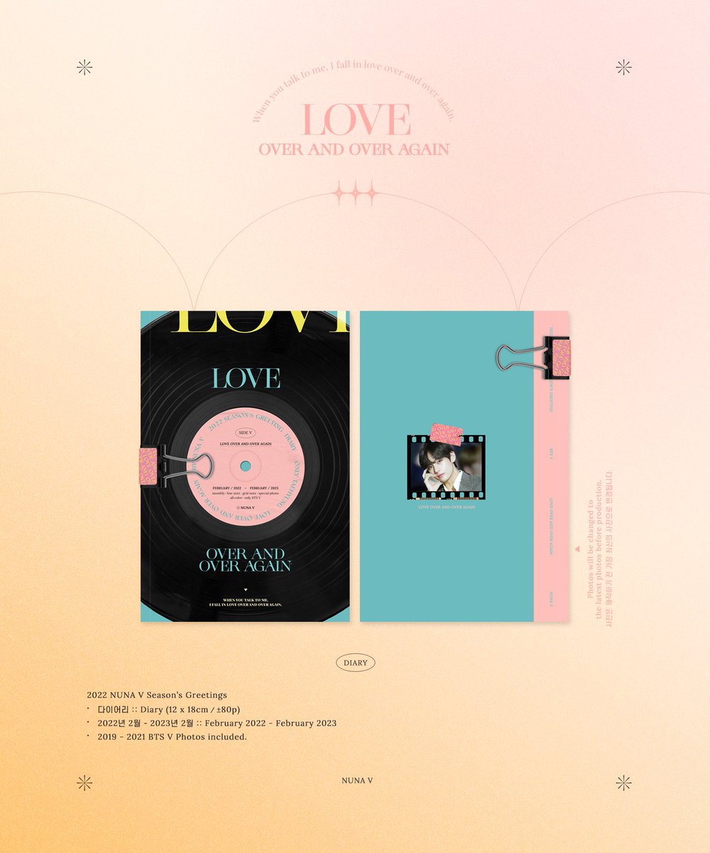 _bwitaes940106's tweet photo. [SG] ‘LOVE’ OVER AND OVER AGAIN #V 2022 Season’s Greetings by @_nuna_V 🥰💞 // design &amp; quality guaranteed as always 💯 will include photos of tae up till dec 2021~ i.e. the boys finally back @ live events/stages after so long 🥺 GO ends 17 Dec, 11PM! https://t.co/jaLj13H8uq https://t.co/RczIsF1DAd