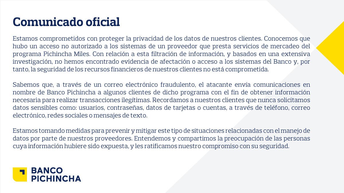 alfredovelazco's tweet photo. ¿Qué tan responsable se hace una empresa sobre el robo de datos de sus clientes en servicios de sus proveedores?

@BancoPichincha vs @FordSpain
Para análisis sentir a la empresa corresponsable (porque lo es) vs deslindarse de responsabilidades #protecciondatosec https://t.co/cZgq6d1kcp
