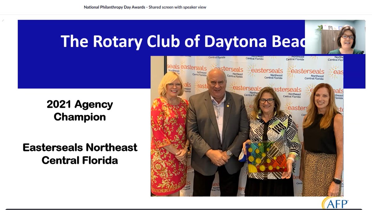 esealsNECFL's tweet photo. We are happy that our nominee,The Rotary Club of Daytona Beach, received the 2021 Agency Champion Award at the National Philanthropy Day Awards  Zoom event. https://t.co/XUvc2MCWl2