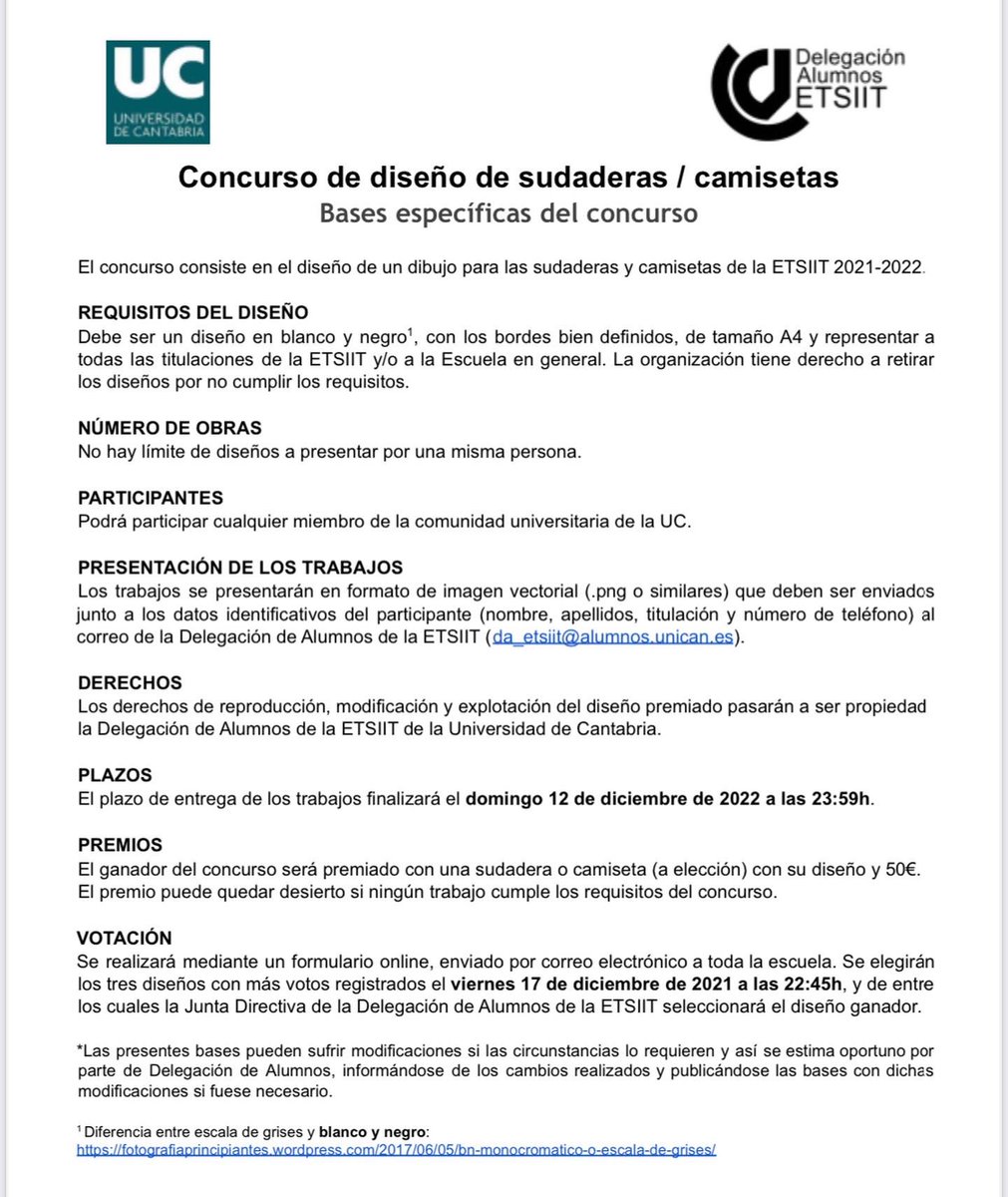¡Ya podéis empezar a diseñar la sudadera de la ETSIIT del curso 21/22!🎉

Podéis leer las bases en la segunda imagen, y cualquier duda que tengáis no dudéis en contactar con nosotros.

¡Mucha suerte!🍀