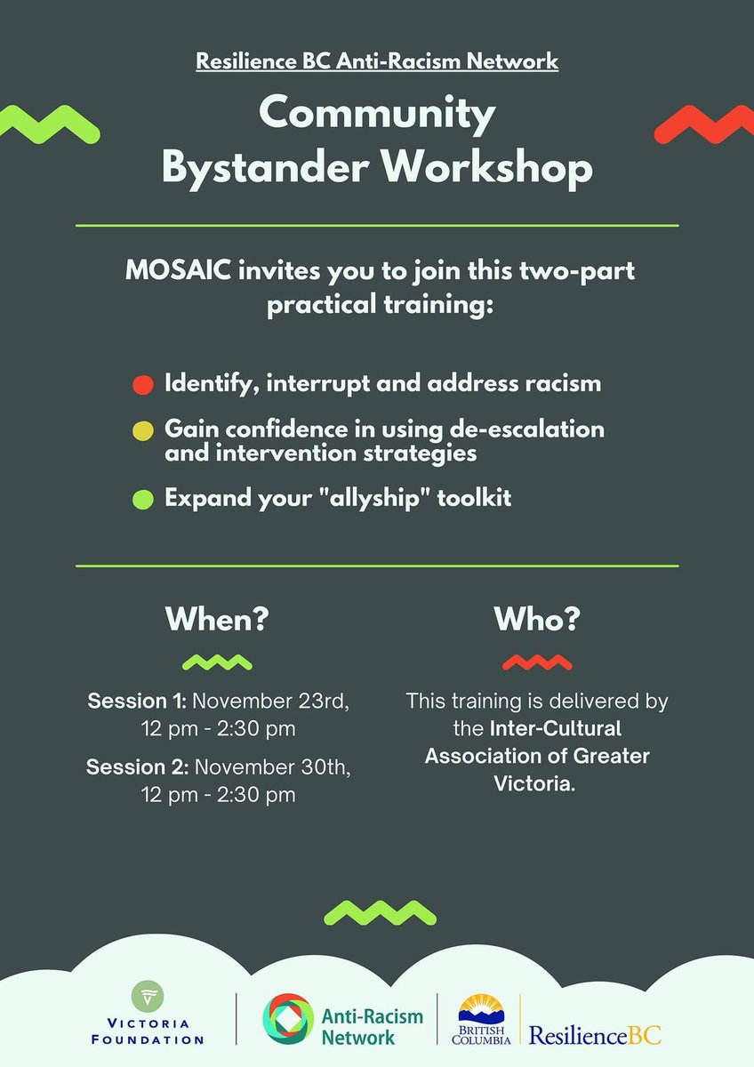 Josie_Osborne's tweet photo. TODAY 12-2:30pm - Virtual Community Bystander Workshop delivered by @ICAVictoria! Practical training on how to identify, interrupt and address #racism, de-escalation, intervention strategies, + more. 
👉🏼 Register: https://t.co/9xMdo7K9u0
#AntiRacism #ResilienceBC @RachnaSinghNDP https://t.co/Dbci8Arf1N