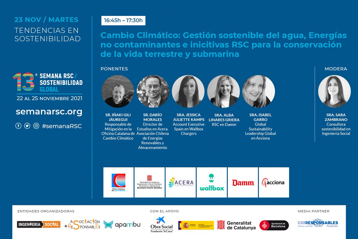 Arranca la 3a mesa de la jornada en la #SemanaRSC: 'Cambio climático: Gestión sostenible del agua, energías no contaminantes e iniciativas RSC para la conservación de la vida terrestre y submarina'.
#Sostenibilidad #RSC #CambioClimático