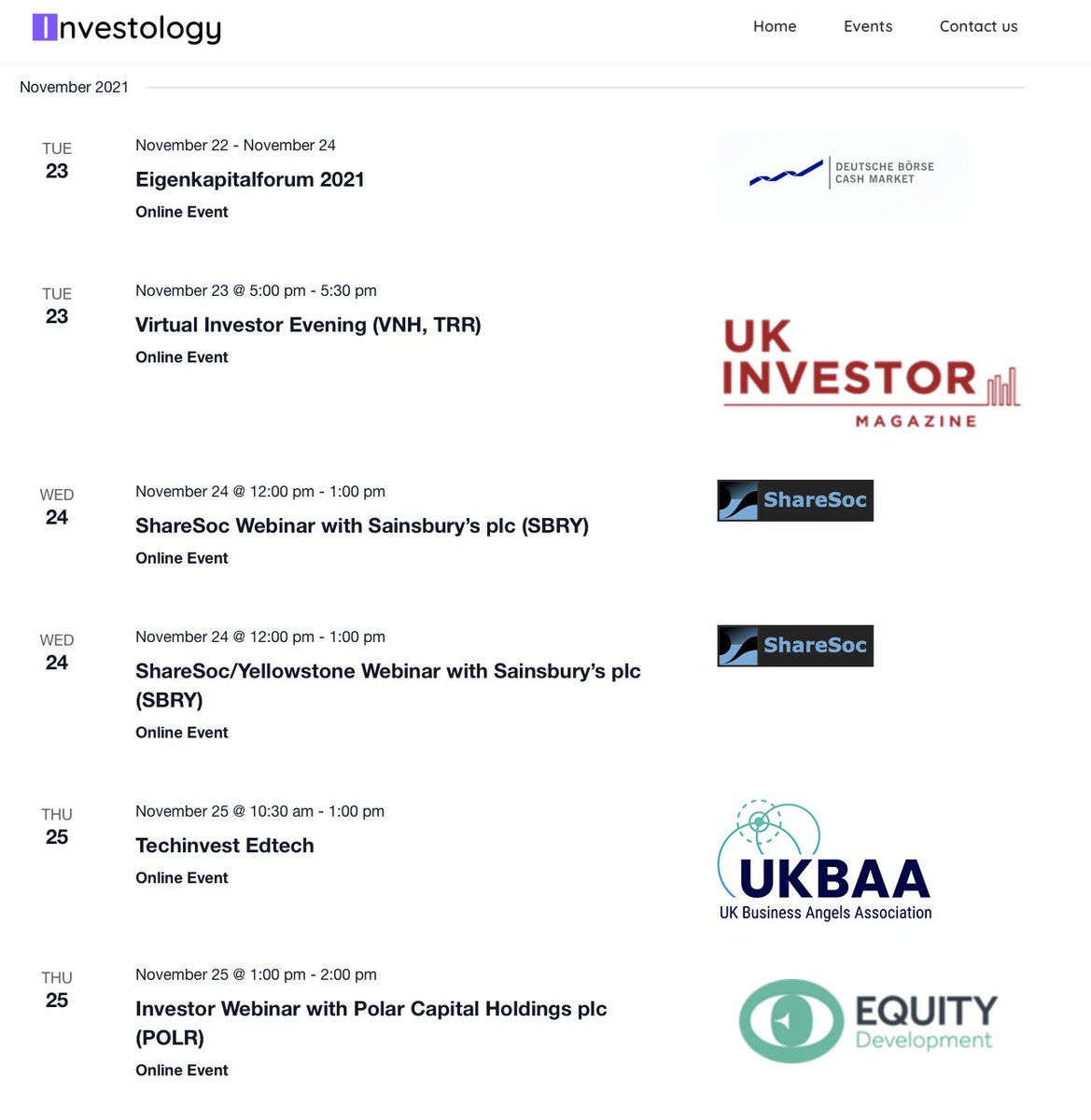 INVESTOR EVENTS 22-29 November 

A quieter week for events this week as we approach the end of the month (and end of the year!😱)
The main event not to miss is Deutsche Börse Cash Market's #Eigenkapitalforum which is taking place virtually this year!#investing #investorevents
