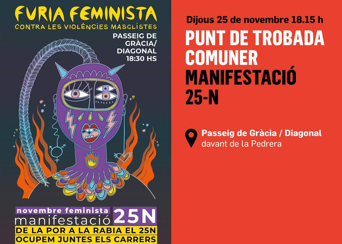 StAndreuEnComu's tweet photo. Aquest dijous és #25N tornem a inundar els carrers de furia feminista! Sortim, juntes, contra les violències masclistes. 
 
Punt de trobada #comuner:
📍Passeig de Gràcia amb Diagonal (davant de la Pedrera)
⏰ A les 18:15h https://t.co/k66cSdT1aP