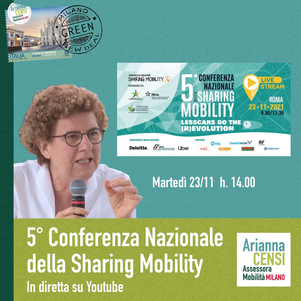 AriannaCensi's tweet image. Oggi alle 14.00 interverrò alla 5° Conferenza Nazionale sulla sharing mobility, “Lesscars do the (R)evolution”, l’appuntamento annuale di riferimento per la sharing mobility italiana.

Segui l’evento 👇🏻
youtu.be/1XHczjy3H2M

#MobilitaSostenibile
#SharingMobility
#AriannaCensi