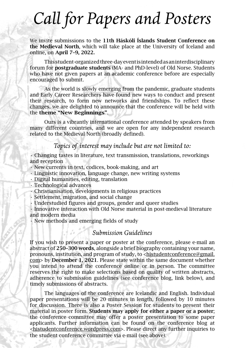 HIStudentCon's tweet photo. 📢Only one week left ⏰
to submit an abstract to the 11th Háskóli Íslands Student Conference on the Medieval North
7th-9th April 2022 online &amp; at @uni_iceland

#cfp #medievaltwitter #histudcon22
#oldnorse #digitalhumanities #manuscripts #archaeology https://t.co/QZYXPAX05h