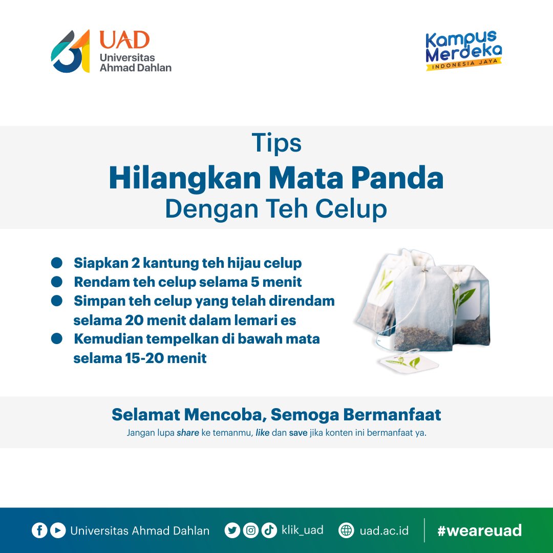 klik_uad's tweet photo. Memiliki lingkaran hitam pd mata atau biasa disebut dgn mata panda memang cukup menganggu penampilan. Mata panda membuat wajah yg harusnya terlihat segar malah justru terlihat lesu. Namun ternyata mata panda bs dihilangkan dgn cara yg cukup simple.

#universitasahmaddahlan https://t.co/ScBId1c5ys
