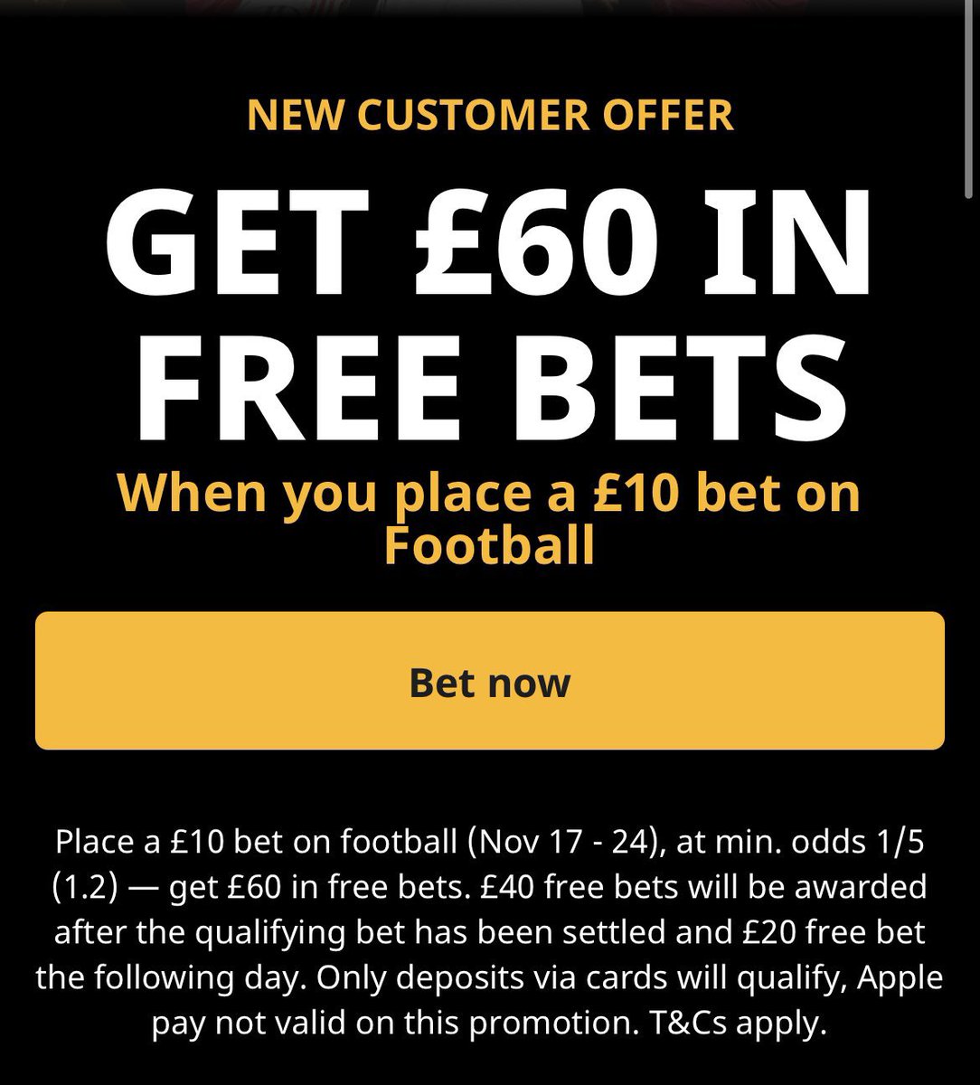 bettingvillage's tweet photo. Bet £10 and get £60 in free bets!

Here 👉🏼 https://t.co/uuZ6Al4teD

Place a bet at odds of 1/5 or greater as a new customer and get £40 when the bet settles &amp; £20 the following day.

18+ gambleresponsibly #ad ts &amp; cs apply, new customers only! https://t.co/Qz1qdmKQTl