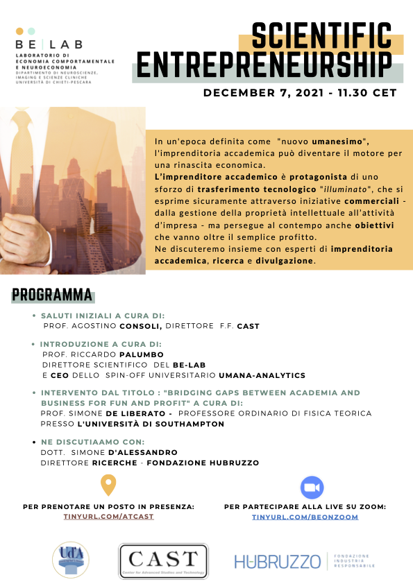 Il 7 dicembre parlerò di imprenditoria scientifica e trasferimento tecnologico @univUda. #abruzzo #trasferimentotecnologico #startup
