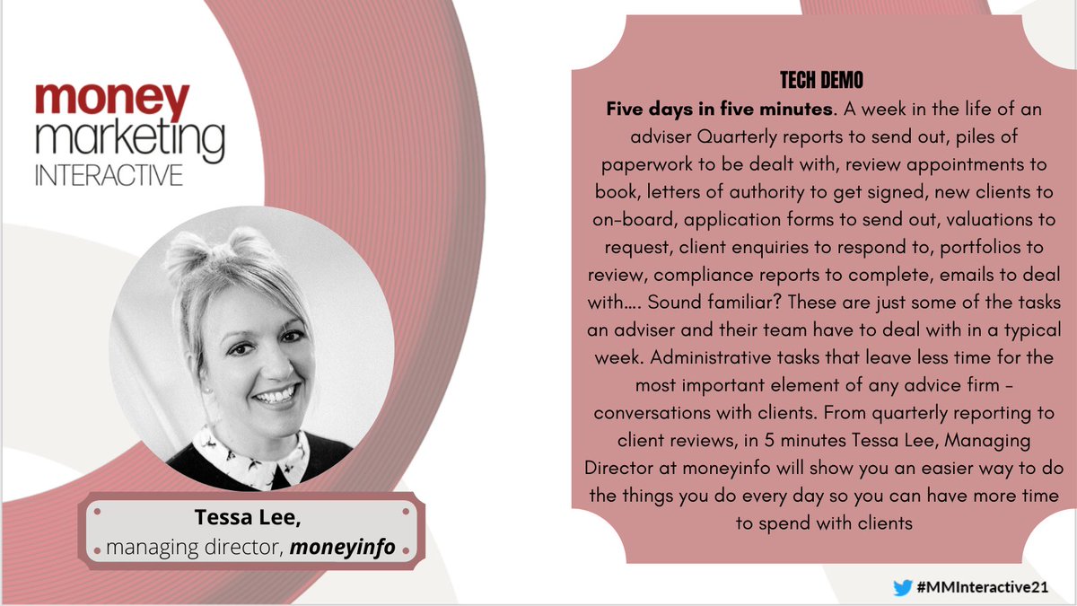 _moneymarketing's tweet photo. Tessa Lee @moneyinfo_tess talks through a week in the life of an adviser. Five days in five minutes begins now in the exhibitor hall at #MMInteractive21 @moneyinfotech https://t.co/12gsGcgvEe