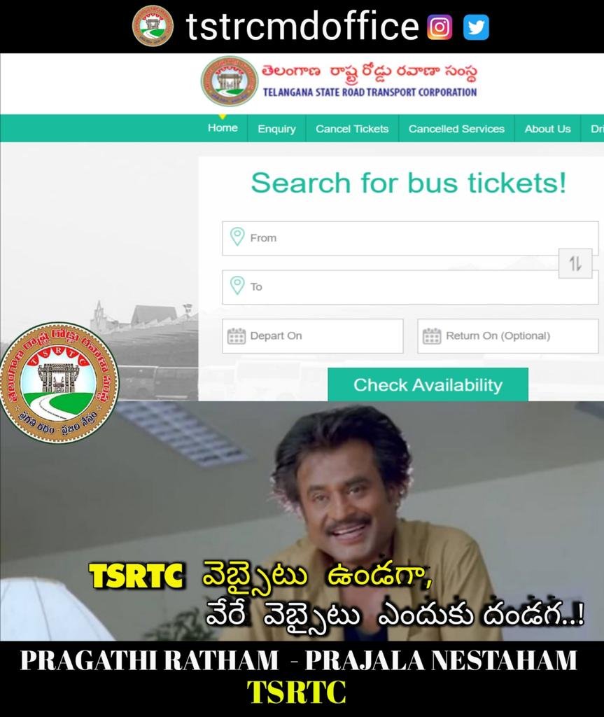 SajjanarVC's tweet image. Book Tickets using #TSRTC Website tsrtconline.in/oprs-web/
#IchooseTSRTC @rajinikanth @DhanushOnline @_gbalaji @dhanushkraja @baraju_SuperHit @anirudhofficial @soundaryaarajni @TamilTechOffici @TV9Telugu @eenadulivenews @onlynikil
#tuesdayvibe #tuesdaymotivations #Thalaiva