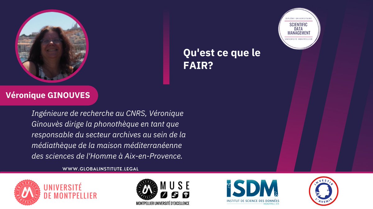Nous avons l'honneur de vous présenter Véronique Ginouvès qui intervient pour le cours «Qu'est-ce que le FAIR ?» ⬇
bit.ly/3dTualt
Elle organise le parcours professionnel «Médiations de l’histoire et humanités numérique» au sein d’un master à l'Université d'Aix-Marseille