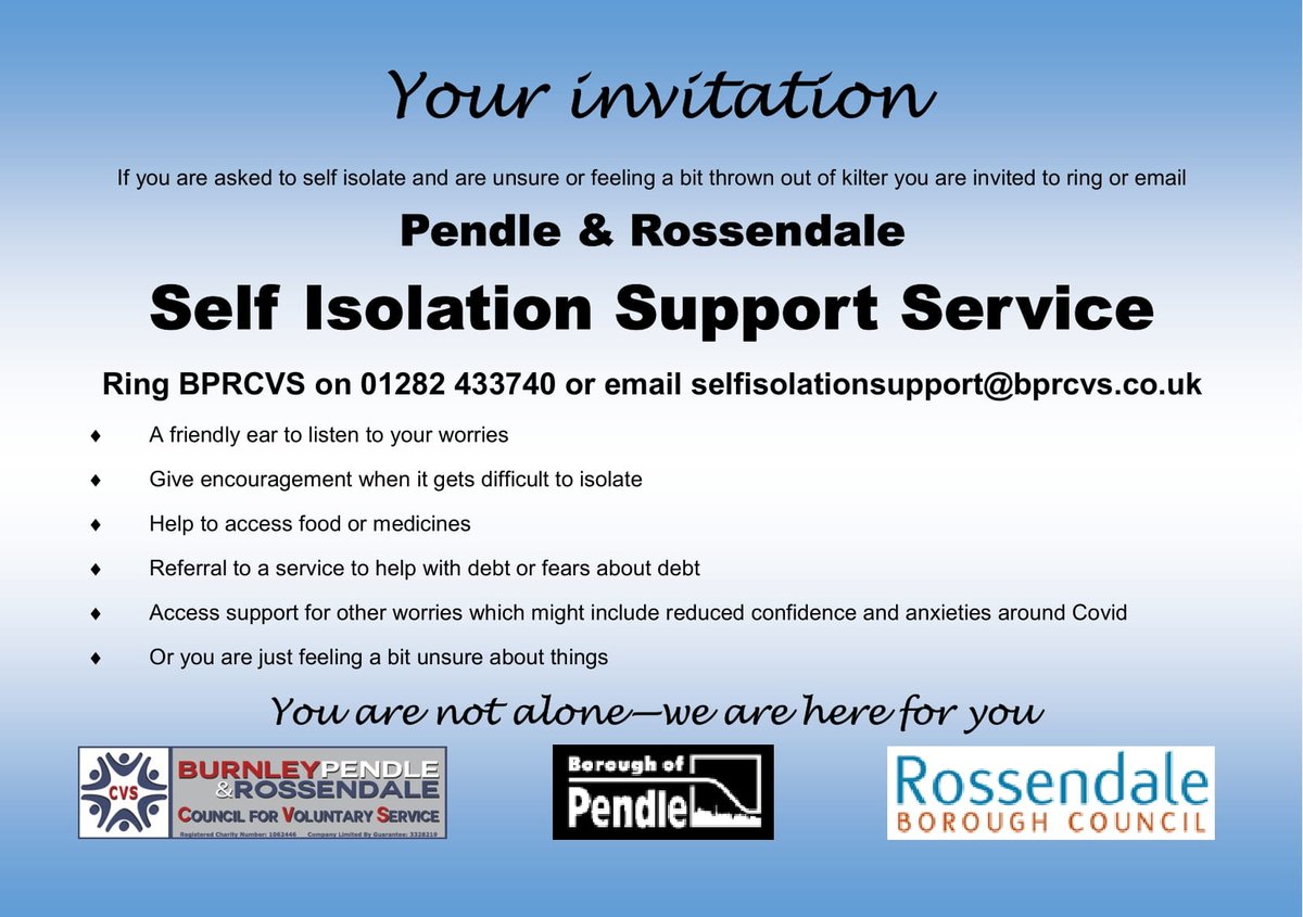 BPRCVS's tweet photo. We’re here to help if you’ve been asked to self-isolate &amp; are unsure or feeling a bit thrown out of kilter

Contact the #Pendle &amp; #Rossendale Self-Isolation Support Service

See image for more info or ​visit: https://t.co/pORJtxomIn

@PendleBC @RossendaleBC #SelfIsolationSupport https://t.co/HhkEHorFRh