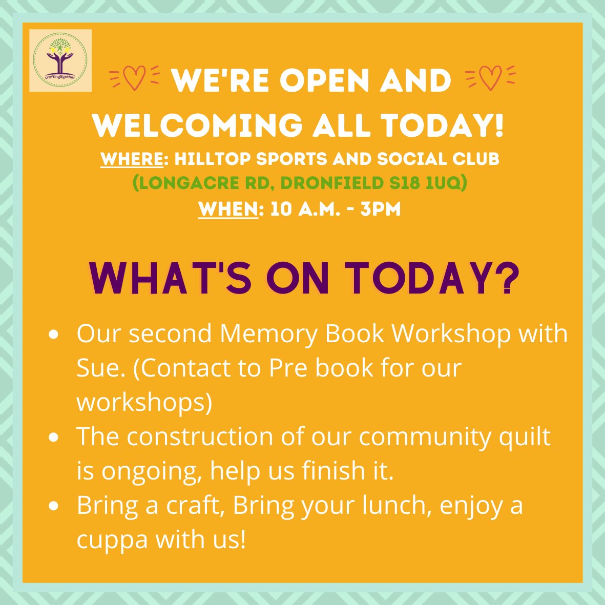 We are at the Dronfield Hilltop Sports and Social Club today! Have you made plans to stop by? 🙂

We're at the Hilltop Club every Tuesday and Thursday between 10:00 a.m. and 3 p.m.!